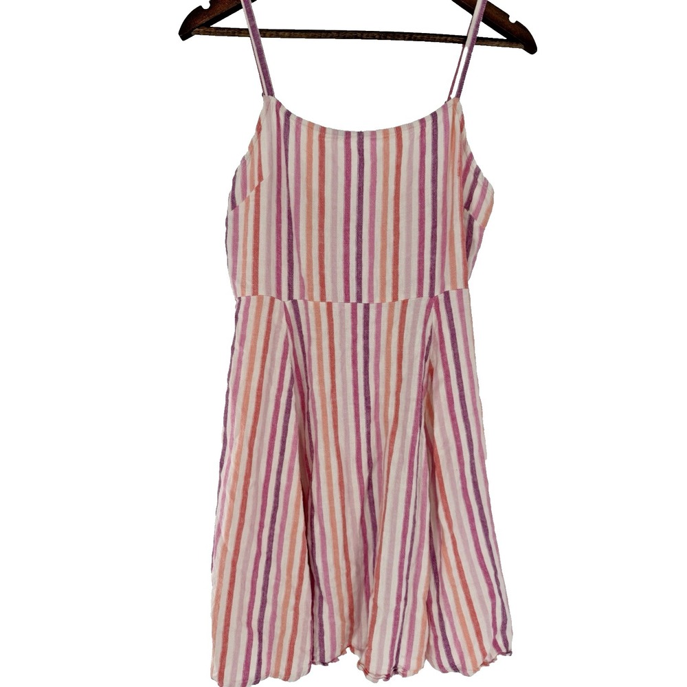 Gap Pink White Striped Linen Spaghetti Strap Flare Dress beachy spring cottage M